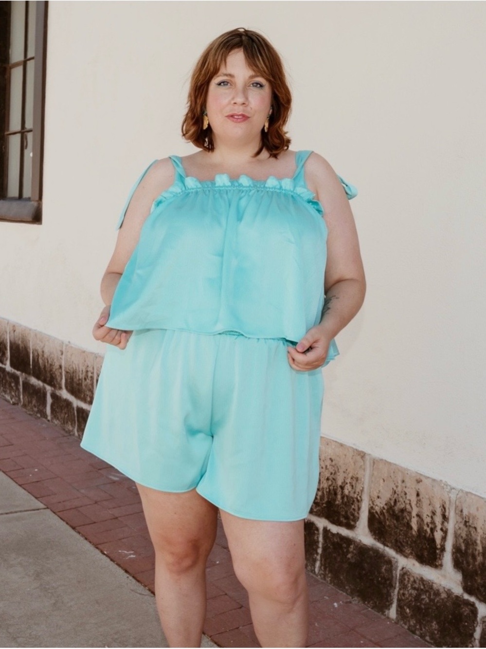 ELOQUII Aqua Blue Tank & Shorts Set - satiny coquette